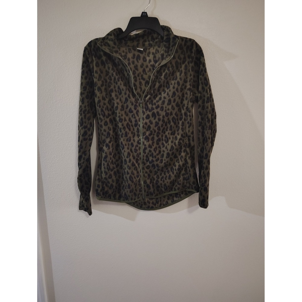 Old Navy Active Womens Fleece Jacket Olive Green‎ Leopard Print Full Zip Mock